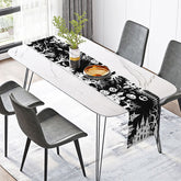 Aperturee - Aperturee Happy Halloween Table Runner with Black and White Haunted Manor for Gothic and Spooky Party Decor